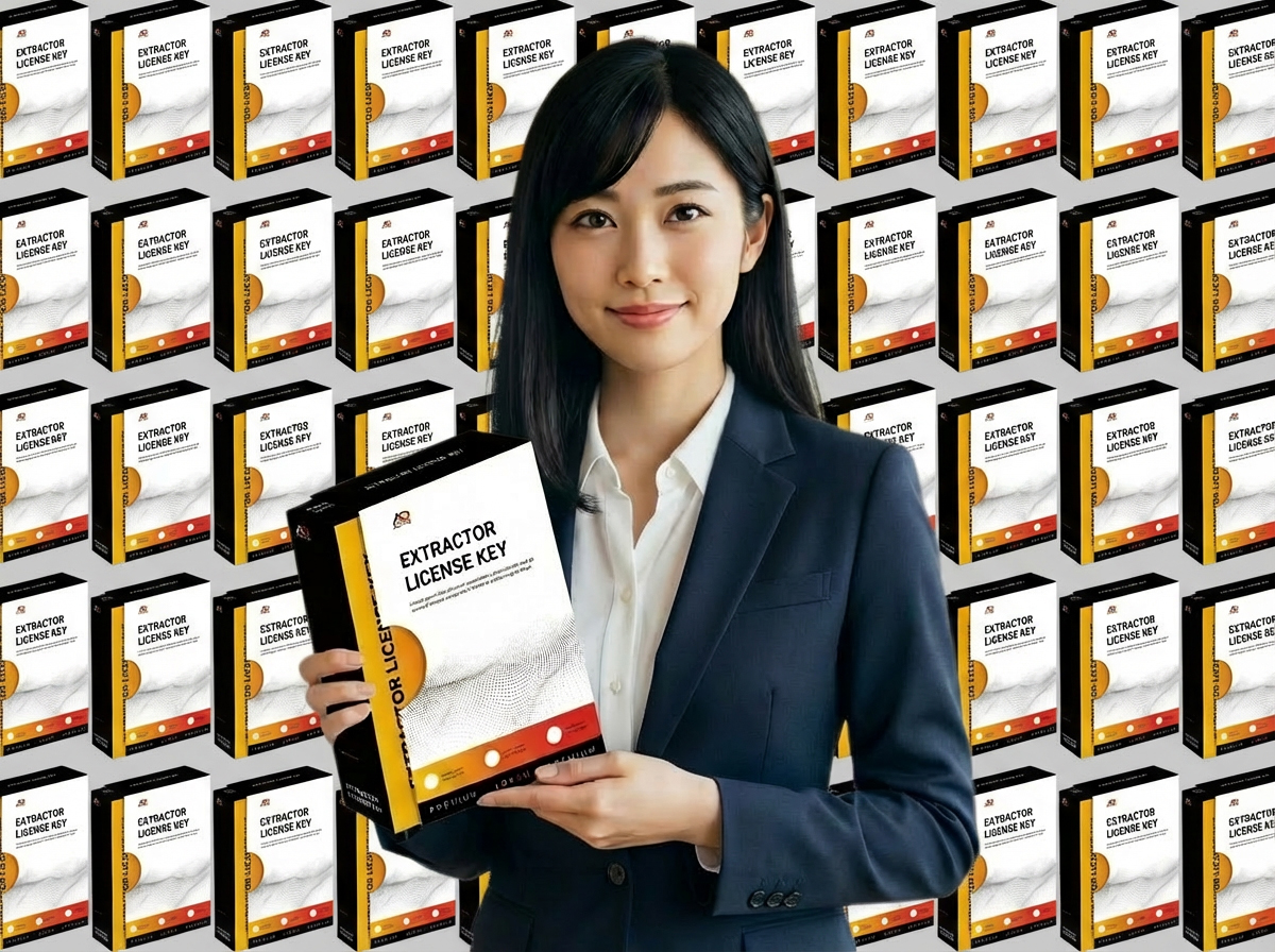 たくさんのエクストラクタークラウド（EXC）のパッケージを背景にEXCを紹介している女性