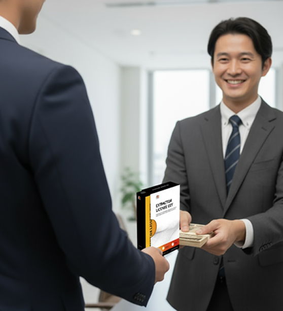 ビジネスマンが中古のエクストラクタークラウド（EXC）を別の企業へ売却している様子